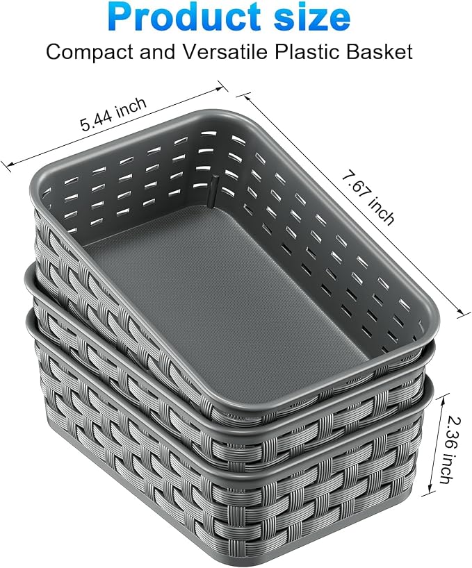 3 Pack Small Plastic Basket, Storage Bin Baskets for Organizing, Pantry Organizer Household Wicker Storage for Laundry Room, Bedrooms, Kitchens, Cabinets, Countertops, Dark Gray | Pantry Organizer, Household, Wicker Storage, for Laundry Room, Bedrooms,...