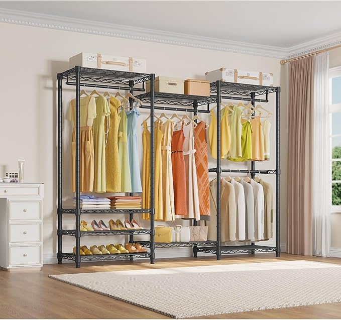 VIPEK V5 Heavy Duty Clothes Rack, Freestanding Modular Closet System, Black | 890 lbs Load, 4 x 23.6 in hanging rods, 8 x shelves (2 adjustable), Supports expansion with accessories