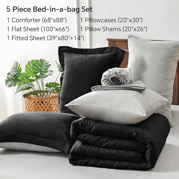 BEDELITE Twin XL Comforter Set 5 Pieces, Reversible Black Bed in A Bag | Soft All Season Down-Alternative Comforter, Sheets, Pillowcases & Shams, OEKO-TEX Certified Bedding for Drom Room, College