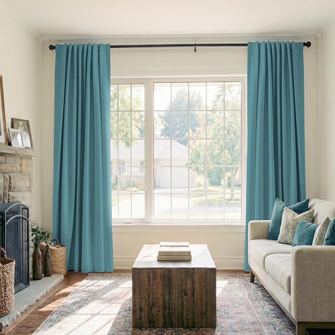 Faux Linen Total Blackout Curtains for Bedroom 90 Inches Long, Dark Cyan | 100% Blackout Shield, Back Tab/Rod Pocket Living Room Drapes, Thermal Insulated Blackout Curtains 2 Panels Set, 50"W x 90"L