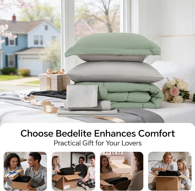 BEDELITE King Comforter Set 7 Pieces, Reversible Sage Green Bed in A Bag | Soft All Season Down-Alternative Comforter, Sheets, Pillowcases & Shams, OEKO-TEX Certified Bedding for Bedrrom, Guest Room