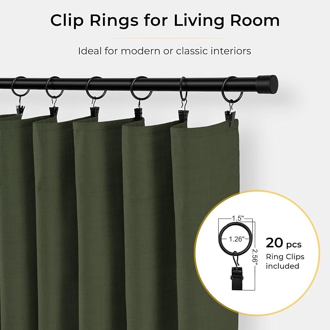 INOVADAY 100% Blackout Curtains for Bedroom Black Out Curtains 84 Inch Long | Loden Green Curtains for Living Room 2 Panel, Clip Rings Linen Look Blackout Drapes, Thermal Insulated Room Darkening,W50xL84