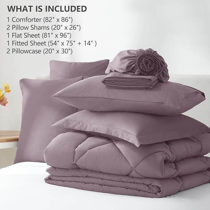 Full Size Comforter Sets Dusty Purple - 7 Pieces Bed in a Bag | OEKO-TEX Certified, All Season, 240GSM Down-Alternative Comforter, Sheets, Pillowcases & Shams, 14" Deep Pocket, Easy Care