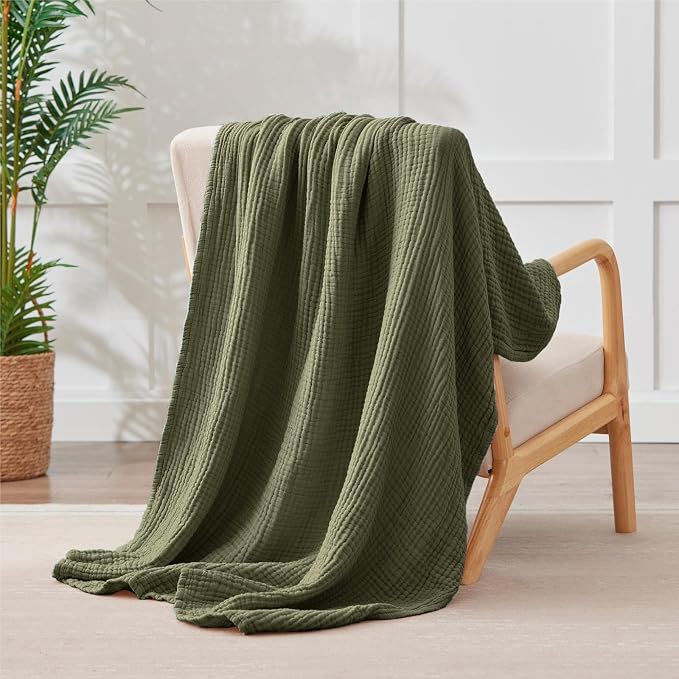 100% Cotton Muslin Blanket California King 120" x 90", 6 Layers Breathable and Lightweight Oversized Blankets for Bed, Soft Cooling Gauze Blanket for Adults All Season, Olive Green