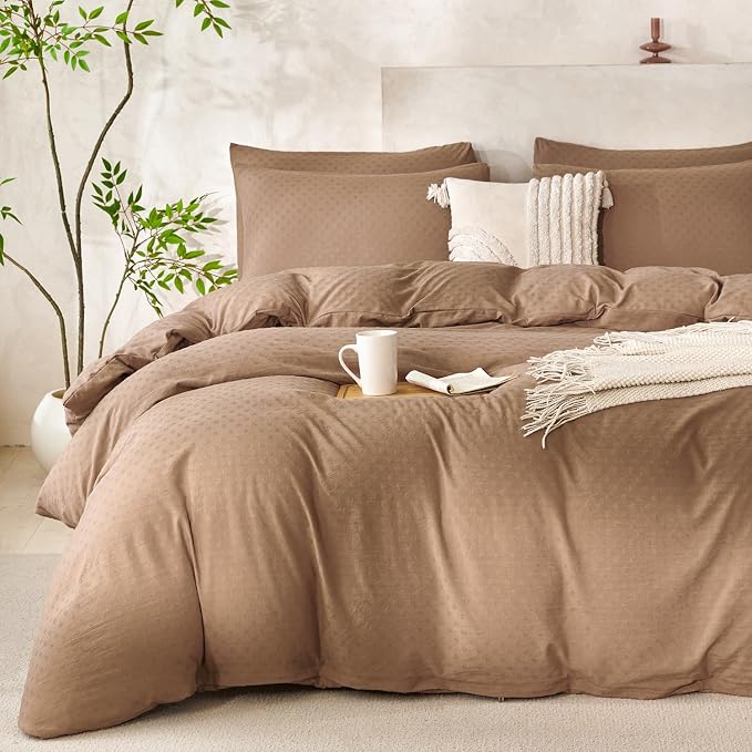 Dark Brown Comforter Set Queen Size Polka Dot Soft Luxury Washed Microfiber Jacquard 3 Pieces Bedding, Dark Brown Dot Pattern Comforter with 2 Pillowcases Breathable Durable Comfy
