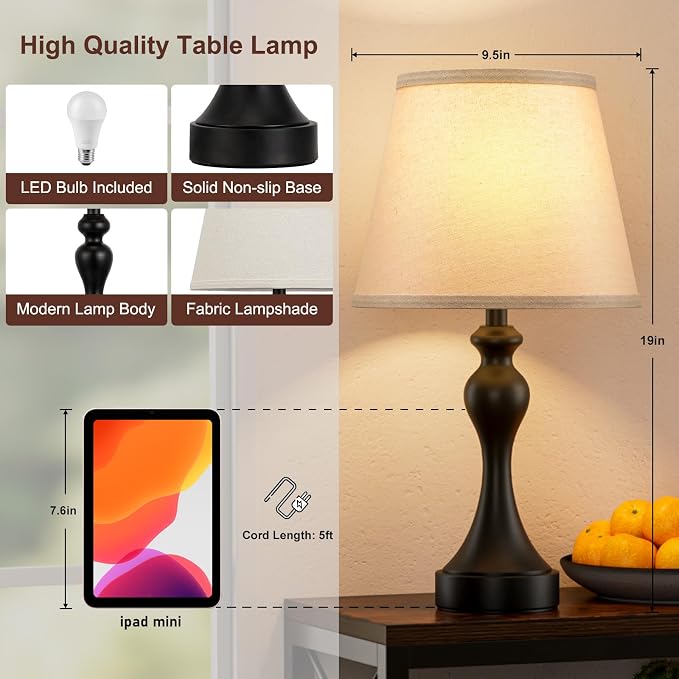 Touch Lamps for Nightstand, 3 Way Dimmable Bedside Lamps with USB C+A Ports | Touch Control, LED Bulb Included, Small Black Table Lamp for Bedroom, Night Stands, End Table, Gift，Corded