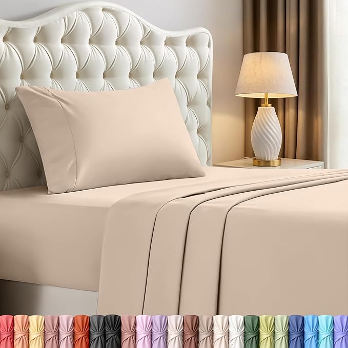 Twin Sheets Set, 3 Pieces 16" Deep Pocket Hotel Luxury Bed Sheets, Beige | Extra Soft Bedsheet Set, Comfy & Breathable Cooling Sheets, Wrinkle & Fade Resistant, Fitted Sheet, Flat Sheet, 1 Pillowcase