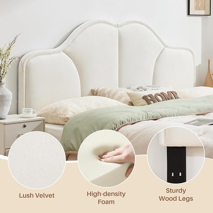 King Size Headboard Only Upgraded One-Piece Upholstered Headboards | Adjustable Height&Width, California King Bed Headboard, Modern Curved Velvet Fabric Padded Head Board, White