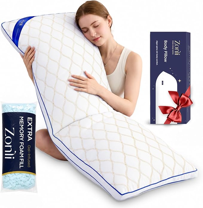 ZonLi Long Body Pillow for Adults, Gold Thread Quilted Gourd Pattern Cover, Soft Durable Adjustable Shredded Memory Foam, Comes with Extra 7 Oz Shredded Foam, Ideal for Side Sleepers, White