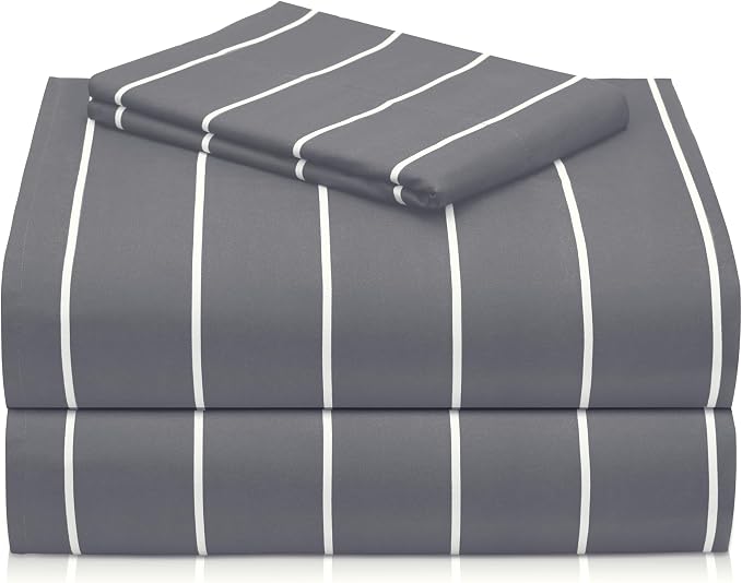 LuxClub Striped Sheets, 3 PC Striped Bed Sheets Twin Size for-Boys-and-Girls-Deep Pockets 18" Eco Friendly Wrinkle Free-Kids-Fitted Sheets Machine Washable Hotel Bedding (Twin, Light Grey) | LuxClub Silky Fitted Sheet & Pillowcase Sets, Breathable Hote...