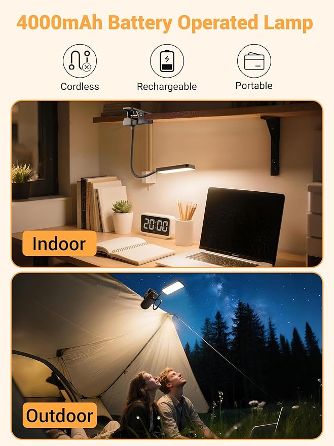 Clip on Light,9 Brightness+5 Color Rechargeable Lamp,48 LED Small Desk Lamp | 4000mAh Battery Powered Lamp,450 Lumen Clamp Light, Wireless & Cordless Book Reading Light for Bed/Bedside Table/Bedroom/Dorm