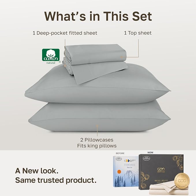 California Design Den Luxury 800 Thread Count King Sheets, Light Grey | 100% Cotton Sateen Backed by Good Housekeeping Seal - Soft & Thick, 16" Deep Pocket, All-Around Elastic, 4 Pc Set, Easy Care