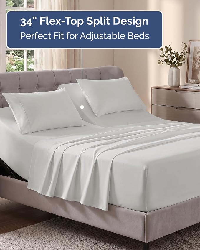 Flex Top Split Head King Sheet Set - 4 Piece Extra Deep - French Grey | Easily Fits 18 to 24 inch Mattress, Ultra Soft, Wrinkle & Fade Free with Extra Deep Pockets, Comfy Hotel Luxury Bedding
