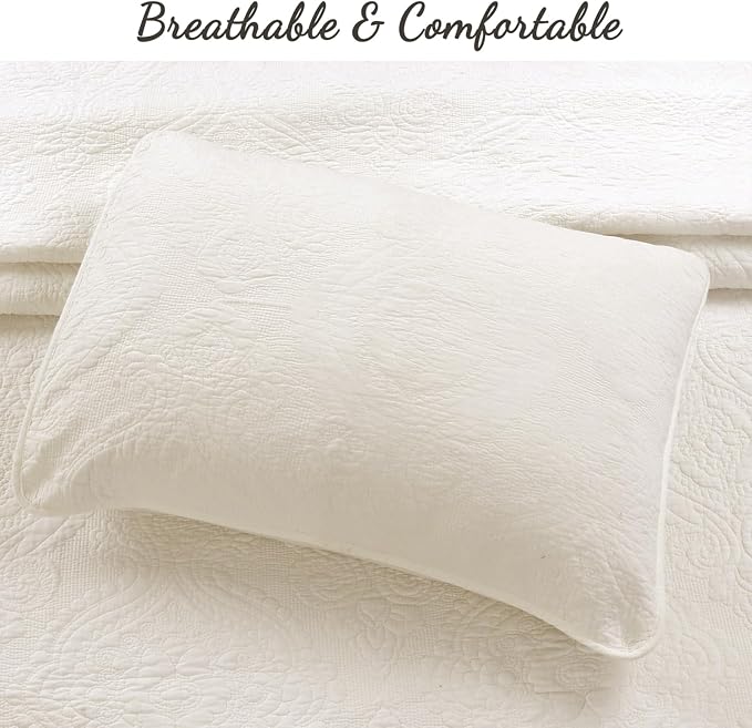Cozy Line Home Fashions Ivory Cotton Quilt Set – 3-Piece Quilted Damask Medallion Bedspread with Shams, Textured All Season Elegant Bedding, King