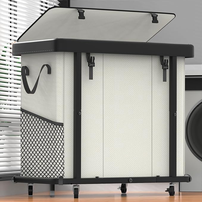 Laundry Basket with Wheels, 230L(60Gal) Laundry Sorter 3 Section - Beige | Leather Patchwork Laundry Hamper, Sturdy Metal Frame, Removable Washable Bag, Tall Clothes Sorter for Bedroom