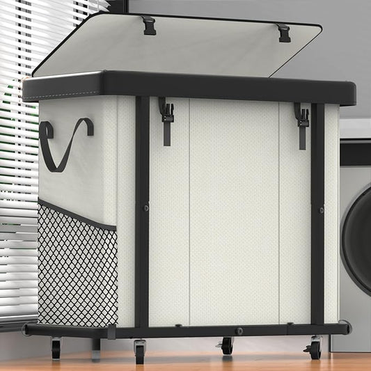 Laundry Basket with Wheels, 230L(60Gal) Laundry Sorter 3 Section - Beige | Leather Patchwork Laundry Hamper, Sturdy Metal Frame, Removable Washable Bag, Tall Clothes Sorter for Bedroom