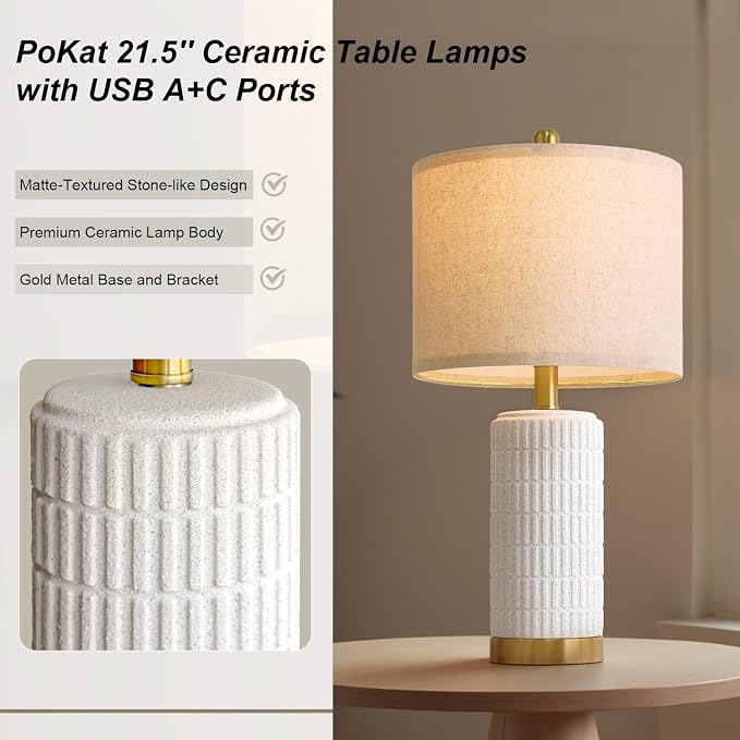 PoKat 21.5'' Stone-Like Bedside Table Lamps Set of 2 for Bedroom with 2 USB A+C, Modern Lamps for Living Room, Ceramic Nightstand Desk Lamps with Charging Ports Office Dorm Sideboard (Frosted White)