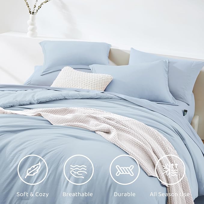 King Size Comforter Set- 7 Pieces Prewashed Bed in a Bag King Bedding Sets | Soft All Season Comforter with Sheets, Pillow Shams & Pillowcases,Ice Blue
