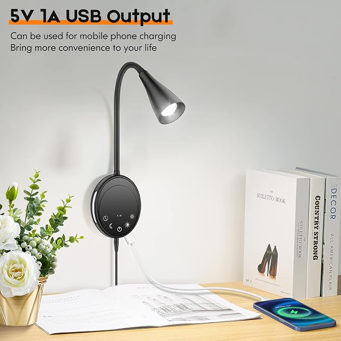 SANKEDOU LED Wall Mount Reading Light, Bedside Reading Lights, 5 Dimmable | Touch Control, USB Output, Night Light & Timers, Flexible Gooseneck Headboard Bed Lights Wall Sconce