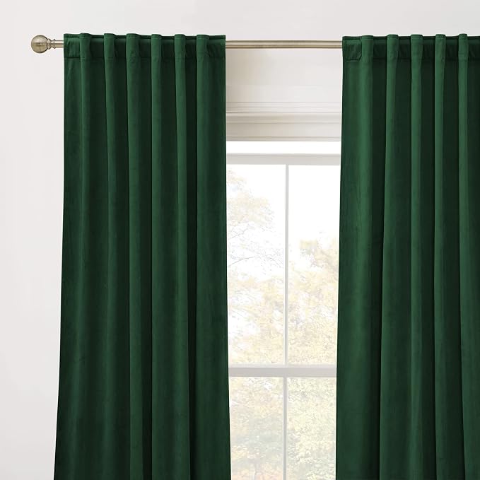 RYB HOME Velvet Curtains 102 inches Long, Extra Long High Ceiling Curtains | Thermal Insulated, Luxurious Home Decor, Curtains for Apartment Loft Large Windows, W52 x L102, Dark Green, 2 Panels Set