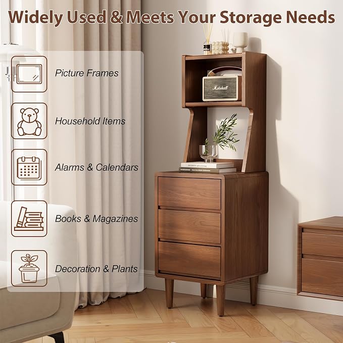 Solid Wood Bookshelf Nightstand Combo, Tall Nightstand with Bookshelf | Walnut Nightstand Bookshelf,Narrow Nightstand with Drawers,Open Shelf Bookcase,for Bedroom,Living Room,Offices