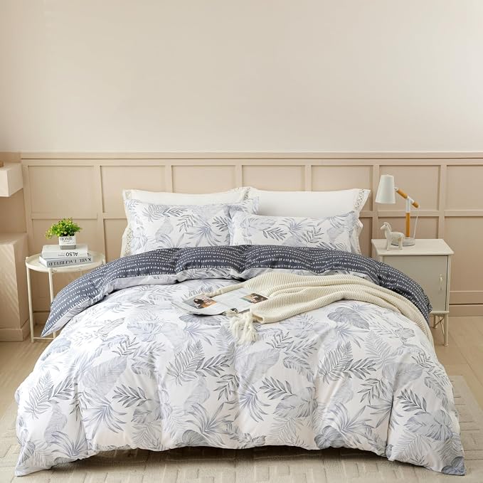 OAITE Queen Duvet Cover Set 3pcs 100% Cotton with Light Blue Tropical Leaf | Soft, Breathable,Long-lasting,Comfort,Hidden Zipper,8 Corner Ties,Easy Care for All Season