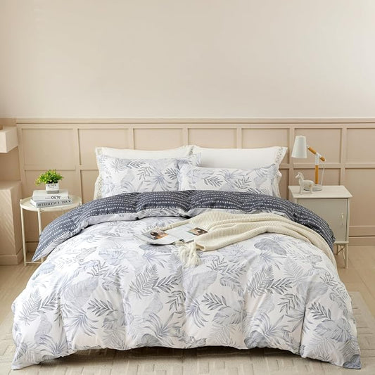 OAITE Queen Duvet Cover Set 3pcs 100% Cotton with Light Blue Tropical Leaf | Soft, Breathable,Long-lasting,Comfort,Hidden Zipper,8 Corner Ties,Easy Care for All Season