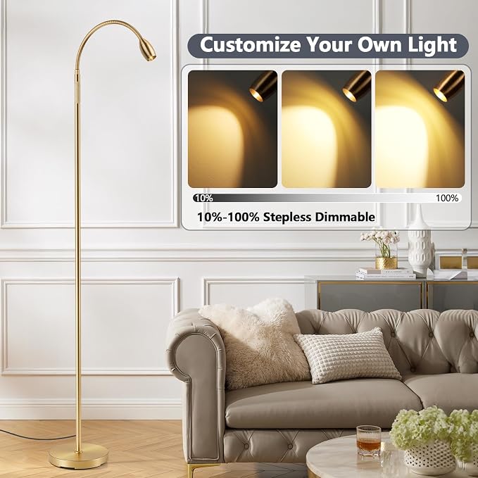 Reading Floor Lamp, 72" LED Dimmable Lamp with Gooseneck,Zoomable Spotlight | Adjustable Color Beam Standing Lamp, Touch & Remote Control, Task Craft, Sewing, Bedroom Living Room, Office, Antique Brass