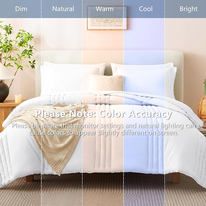 Queen Comforter Set White - 7 Pieces Vertical Quilted Bed in a Bag | OEKO-TEX Certified, 240GSM Down-Alternative Comforter, 14" Deep-Pocket Sheets, Shams & Pillowcases, Lightweight
