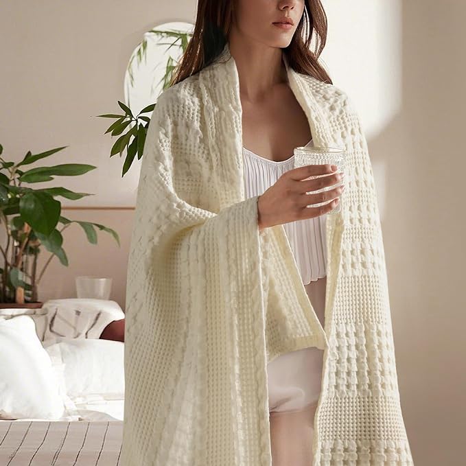 PHF Lightweight 100% Cotton Waffle Throw Blanket for Couch, Cannoli Cream | Pre-Washed Soft Cotton Comfort, Breathable Layering Warmth for Fall & Winter, Office, Travel, Sofa, Home Decor & Gifts