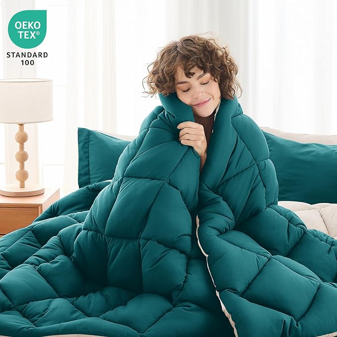 7 Pieces King Comforter Set, Reversible Bed in a Bag King Size, All Season Bedding Set with Comforter, Flat Sheet, Fitted Sheet, Pillowcases & Shams, Peacock Blue & Ivory