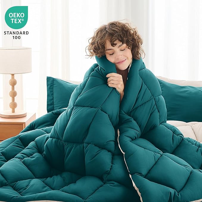 5 Pieces Twin Comforter Set, Reversible Bed in a Bag Twin Size, All Season Bedding Set with Comforter, Flat Sheet, Fitted Sheet, Pillowcases & Shams, Peacock Blue & Ivory