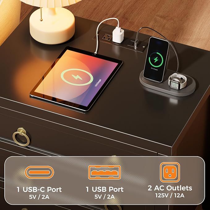 Huuger Paint Night Stand with Charger Station, 3 Drawer Nightstand Set of 2 | Larger Wider Bedside Table with USB-C Port, Modern End Table, for Bedroom, Living Room, Black Nightstand