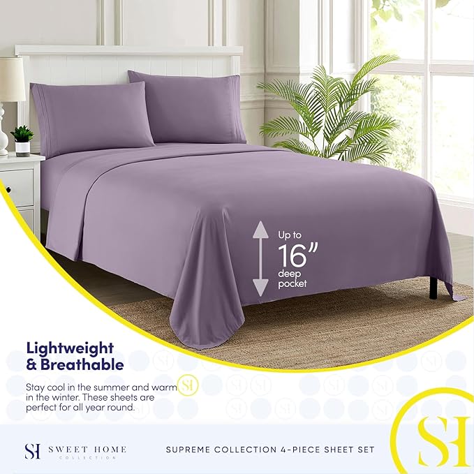 Twin XL Sheets - Breathable Luxury Sheets with Full Elastic & Secure Corner Straps Built In - 1800 Supreme Collection Extra Soft Deep Pocket Bedding Set, Sheet Set, Twin XL, Plum