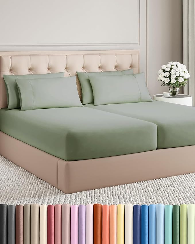 Split King 7 Piece Bed Sheet Set - Comfy, Breathable & Cooling - Eucalyptus | Ultra-Soft Hotel Luxury Bedding Set w/ 8-16 Inch Deep Pockets, 1 Flat & 2 Fitted Sheet & 4 Pillowcases, Wrinkle & Fade Free