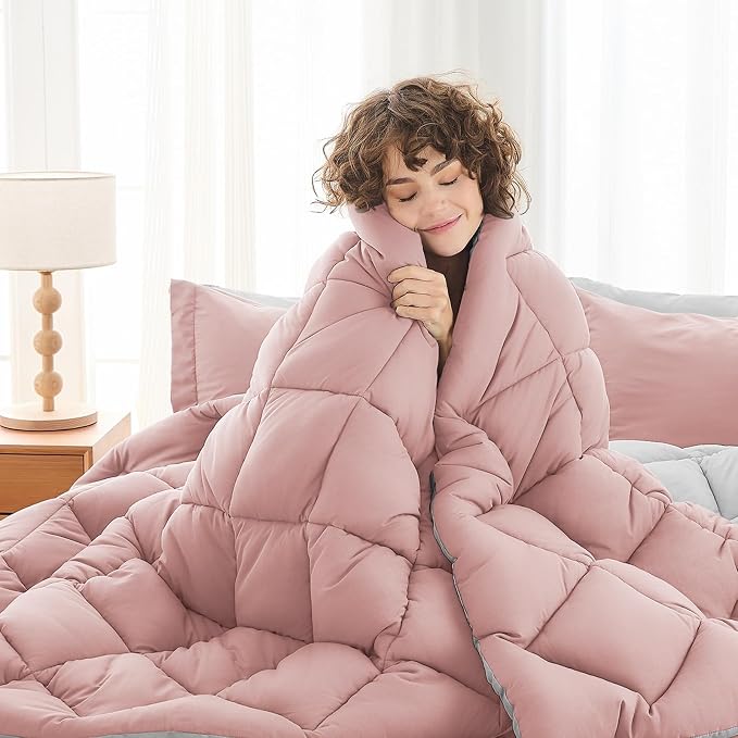 5 Pieces Twin Comforter Set, Reversible Bed in a Bag Twin Size, All Season Bedding Set with Comforter, Flat Sheet, Fitted Sheet, Pillowcases & Shams, Pink & Light Grey