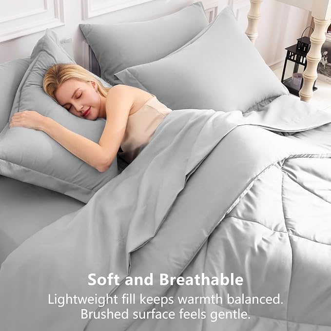 Twin XL Comforter Set Light Grey - 5 Pieces Complete Bedding Set | College Dorm Essentials, OEKO-TEX Certified, All Season, 240GSM Down-Alternative Comforter, Sheets, Pillowcase & Sham