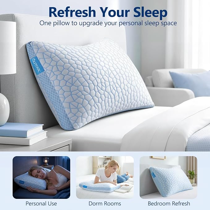 QUTOOL Enhanced Cooling Pillows for Sleeping, CertiPUR-US Shredded Memory Foam Pillows Queen Size Set of 1 for Hot Sleeper, Adjustable Bed Pillow for Side, Back, Stomach Sleepers Support Yet Soft Blue