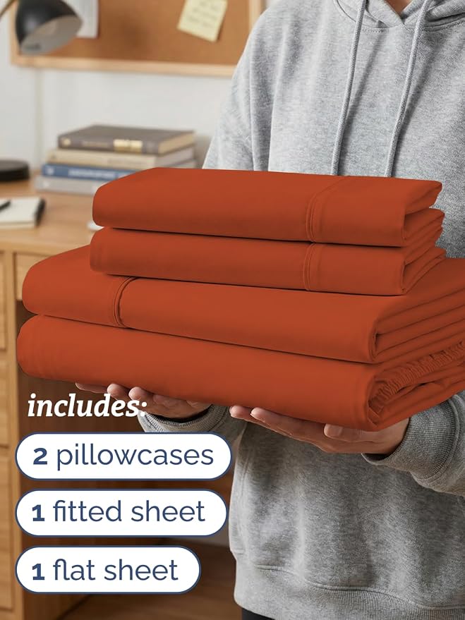 Twin XL 4 Piece Sheet Set - College Dorm Room Essentials - Terracotta | Ultra Soft Dorm Bedding Set, 8" to 16" Inch Deep Pockets, 1 Flat & 1 Fitted Sheet & 2 Pillowcases, Wrinkle & Fade Free