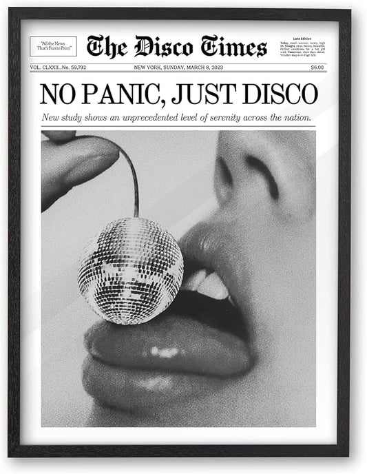 iHery 8x10in No Panic Just Disco Black Framed Newspaper Wall Art | Premium Black Natural OAK Wood Frame with Canvas Print, Retro Disco Ball Decor for Bedroom, Girl Dorm, Living Room 1Pack