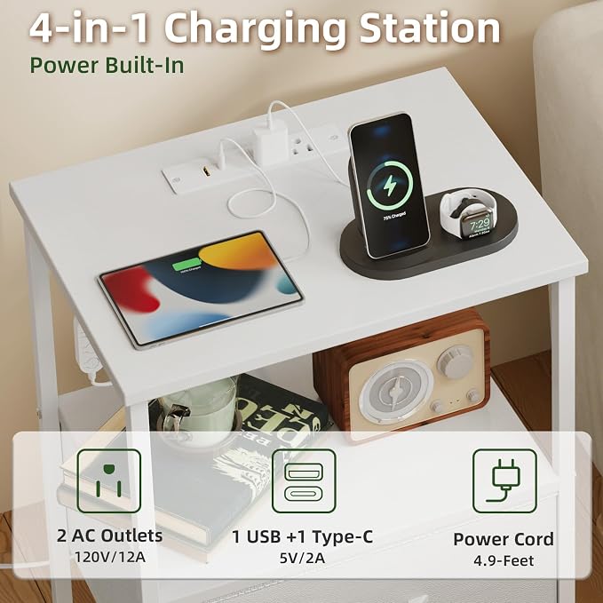 Somdot Nightstand Set of 2 with Charging Station & LED Light, Bedside Table | Dorm, Guest Room, Kids Room, Laundry, Closet, Entryway and Hallway, White