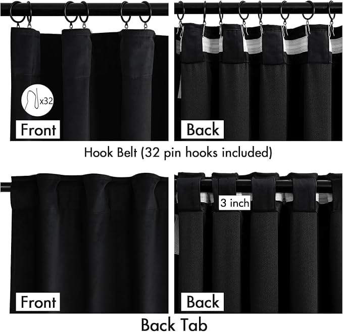 MIULEE Velvet Curtains 50W x 108L 2 Panels Black Blackout Curtains | Luxury velvet fabric, pinch pleat design, back tab hooks, thermal insulated, blackout light blocking, for living room bedroom