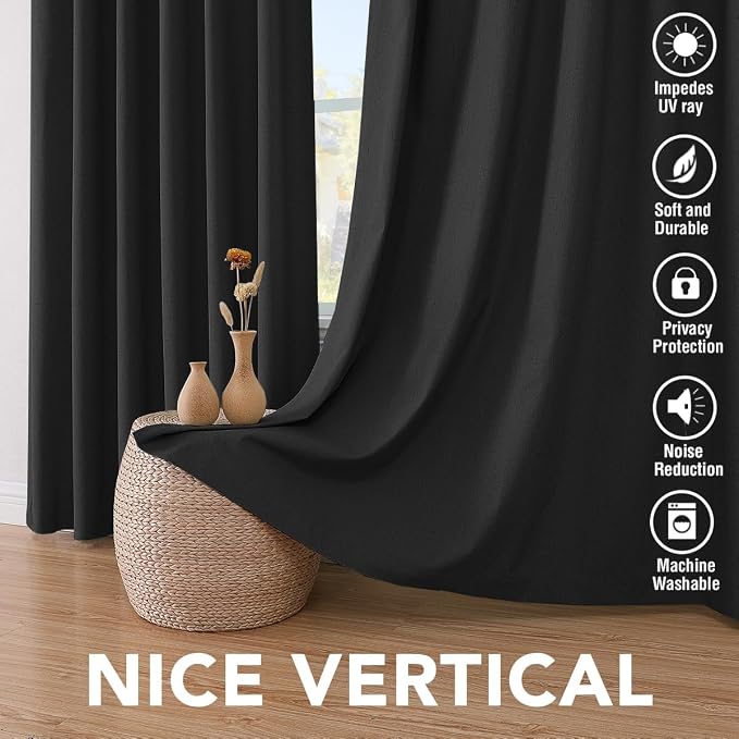 H.VERSAILTEX Linen Curtains 100% Blackout Curtains for Bedroom 102 inch Long Full Light Blocking Nature Linen Blended Window Curtains for Living Room Nickel Grommet (2 Panels, Black)