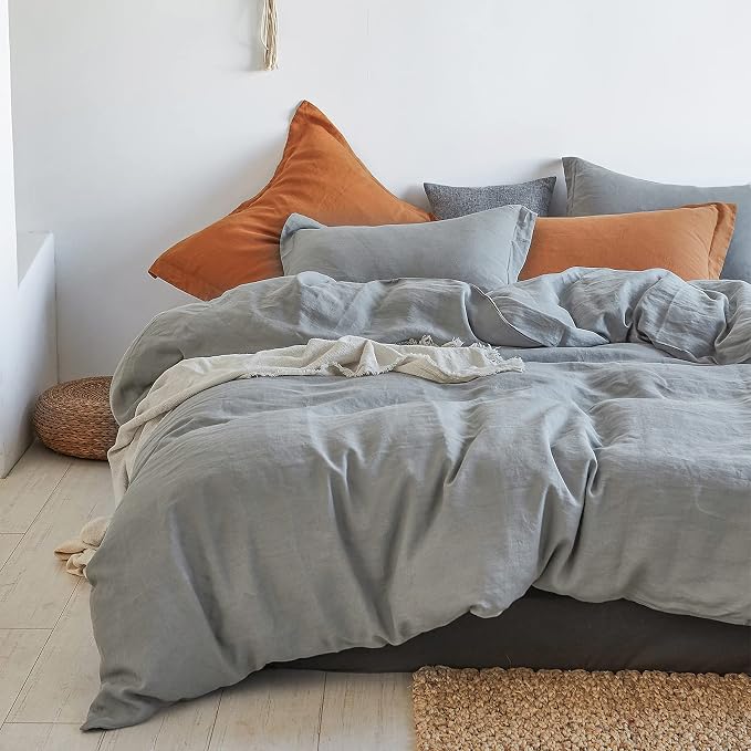 Simple&Opulence 100% Linen Duvet Cover Set 3pcs Basic Style Natural French Washed Flax Solid Color Soft Breathable Farmhouse Bedding with Button Closure - Ultimate Grey, Queen
