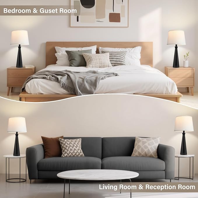 Modern Touch Lamps for Nightstand, 3 Way Dimmable Bedroom Lamp Set of 2 | USB C+A Charging Ports, Black Bedside Lamps for Bedroom, Living Room, End Table, Bed Side, LED Bulb Included