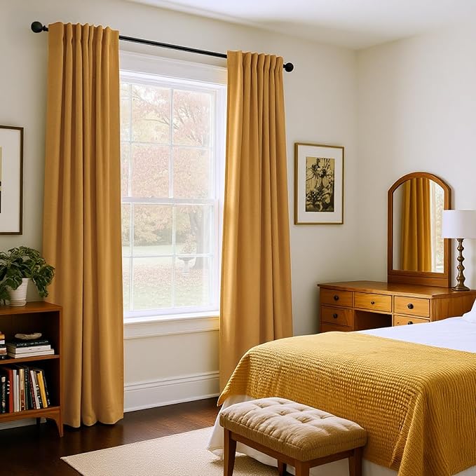 INOVADAY 100% Blackout Linen Curtains for Bedroom 50x84 Dijon Mustard | Linen Textured, Light Blocking, Room Darkening, Thermal Insulated, Back Tab Top, Window Curtains for Living Room, 2 Panels