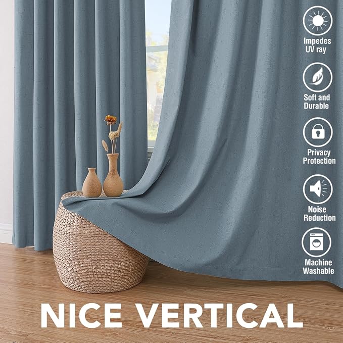 H.VERSAILTEX Primitive Linen Curtains 100% Blackout Curtain Drapes Burlap Curtains with White Thermal Insulated Liner, Grommet Top Drapes Living Room/Bedroom (2 Panels, 42 x 63 Inch, Stone Blue)