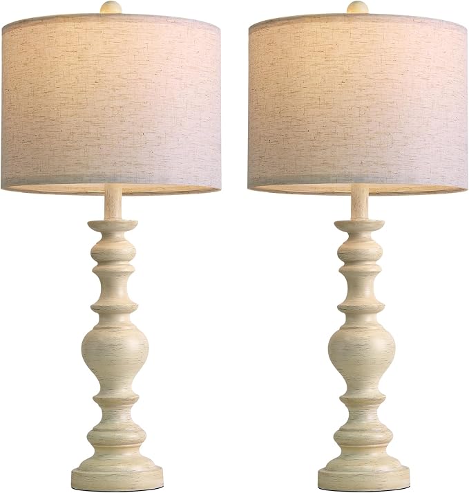 BOBOMOMO 27" Antique White Table Lamps Set of 2, Large Vintage Resin Lamps with Linen Shades, Farmhouse White Lamps for Bedroom, Living Room, or Console Table Elegant Home Décor