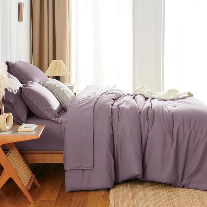 HIMEET Queen Comforter Set, 7-Piece Point-Quilted Bed in a Bag Dusty Purple | OEKO-TEX Certified, Lightweight 240 GSM Comforter, Flat Sheet, 14-Inch Deep-Pocket Fitted Sheet, Pillowcases & Shams
