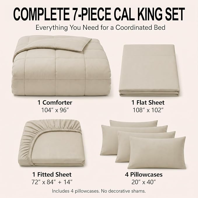 California King Comforter Set Oatmeal - 7 Pieces Bed in a Bag | OEKO-TEX Certified, All-Season, Bedroom, Guest Room, Down-Alternative Comforter + Flat & Fitted Sheets + 4 Pillowcases